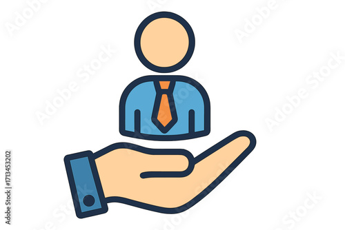 Customer care and employee support icon. Hand holding person symbol for human resources, CRM, and client services. Business management and talent acquisition vector concept.