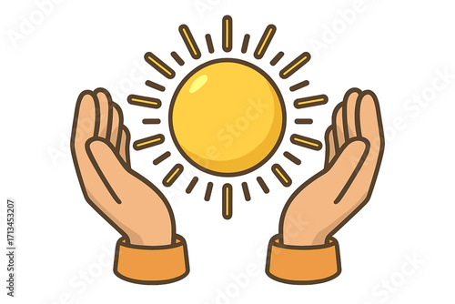 Hands holding sun. Concept of energy, care, ecology and charity. Save the planet. Environmental protection logo. Sustainable power symbol. Hope and warmth vector icon.