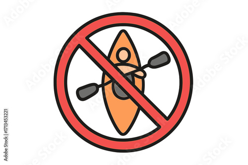 No kayaking zone sign. Kayaking and canoeing forbidden icon. Water sport, boating prohibited pictogram. Danger warning for river or lake. Restricted area vector symbol.