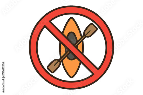 No kayaking sign vector icon. Canoeing forbidden symbol. Water sport and recreation restricted area. Boating prohibited warning sign. Danger on river or lake concept. Flat illustration.