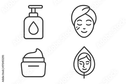 Skincare routine line icon set. Vector graphics for cosmetics, beauty, spa, and dermatology. Minimalist illustrations of face cream, lotion, natural products, and self-care.