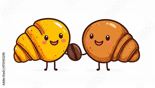 Charming kawaii illustration of two happy croissants holding a coffee bean.