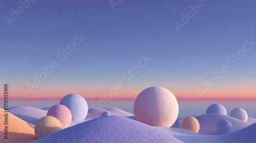 Pastel spheres on a sandy landscape at dawn