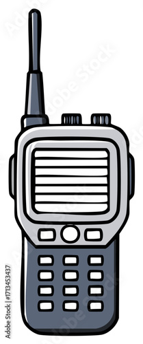 Illustration of a Gray Two-Way Radio Communication Device with an Antenna in a Cartoon Style