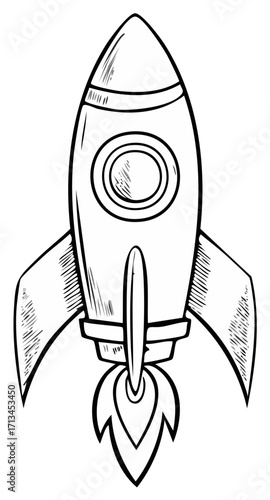 Hand-drawn rocket ship sketch icon. Rocket, space vehicle, vector illustration for stickers, icons, logo, space travel.