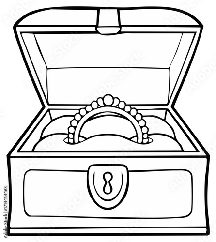 Open decorative treasure chest with a precious pearl-beaded ring inside, line art drawing