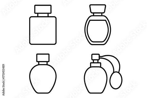 Perfume bottle outline icon set. Vector line art of cosmetic fragrance flacons. Includes classic sprayer and atomizer. For beauty, fashion, web design, and luxury concepts.