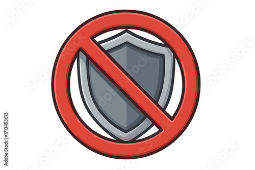 No protection symbol. Unsecured and vulnerable concept. No shield icon. Danger warning sign. Antivirus off. Unsafe and risk metaphor. Prohibited access. Security breach.