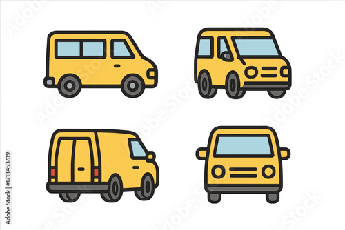 Yellow van icon set from front, back, and side view. Simple linear cartoon pictogram of a commercial delivery truck or minibus for transport, shipping, and logistics services.