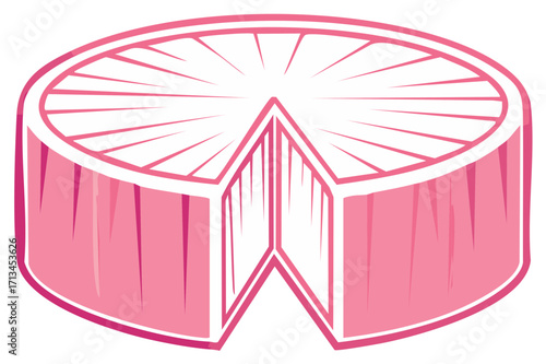 Stylized pink round cake with a slice removed, dessert illustration