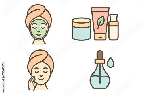 Skincare routine icons. Woman with face mask for acne treatment, applying cream. Natural cosmetic products, serum, lotion. Beauty, spa, cosmetology vector illustration set.