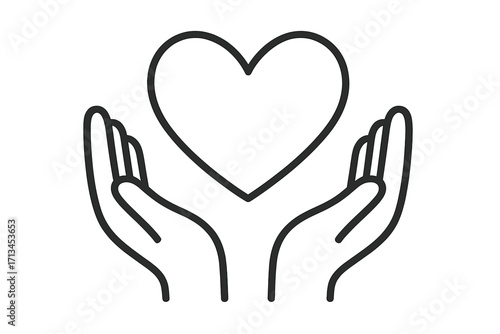 Hands holding a heart outline icon. Symbol of love, care, donation, and support. Vector graphic for charity, health, hope, and volunteering concepts. Valentine's Day sign.