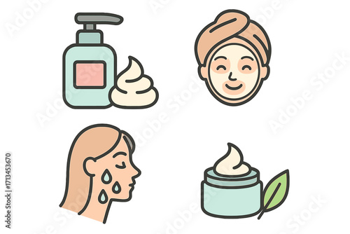 Skincare routine icons set. Woman with face mask, applying serum, cosmetic lotion and natural cream. Beauty, self-care, spa and dermatology concept vector illustration.