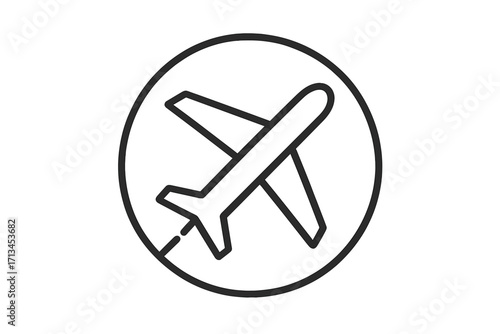 No flying zone sign. Travel ban and flight restriction concept. Airplane prohibited outline icon. Vector symbol for flight cancellation, airport closure, and travel warning.