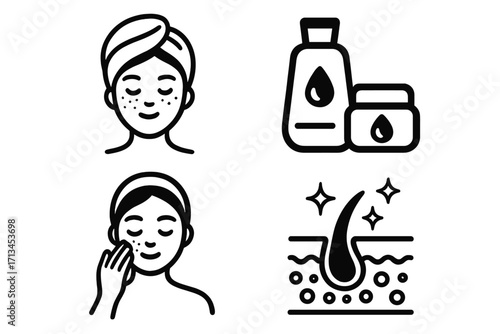 Skincare and haircare line icon set. Face beauty routine, cosmetic cream, serum. Healthy skin and hair follicle growth. Dermatology and cosmetology vector symbols collection.