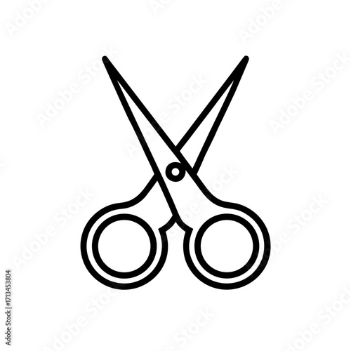 Clean black-and-white line icon of tailor scissors, symbolizing cutting fabric.