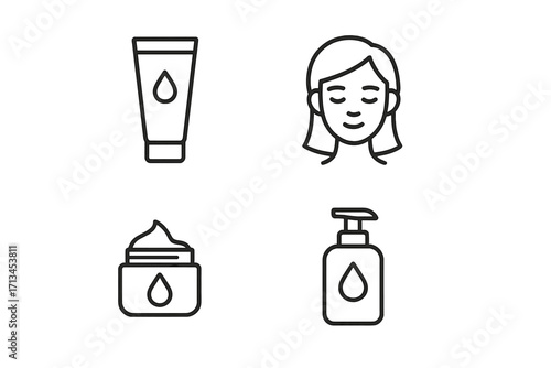 Skincare routine line icon set. Woman face, cosmetic cream tube, jar, and soap dispenser bottle. Beauty treatment, dermatology, and cosmetology concept vector illustration.