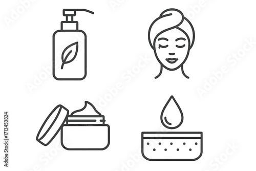Skincare routine line icon set. Beauty cosmetics and spa treatment. Natural organic lotion, face cream jar, hydration drop, woman head in towel. Vector outline symbols.