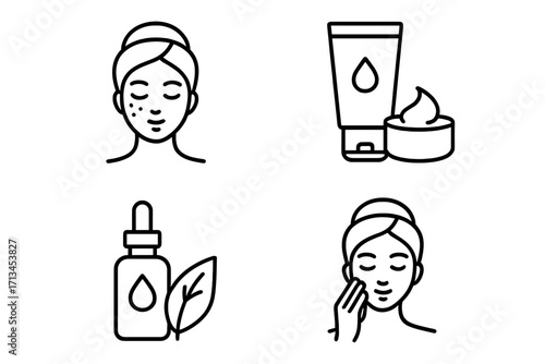 Skincare routine line icon set. Woman face with acne, applying cosmetic cream. Natural organic serum, dermatology treatment. Beauty cosmetology vector pictogram collection.