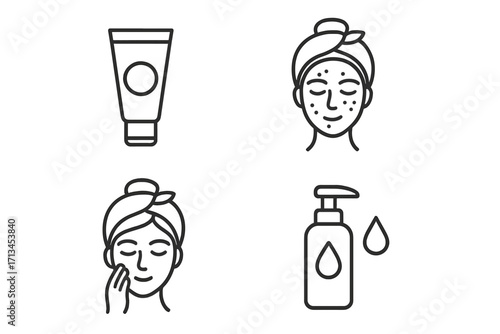 Skincare routine line icons set. Woman face beauty treatment. Cosmetics, facial mask, acne therapy, applying cream. Dermatology, lotion, serum pictogram collection for web.