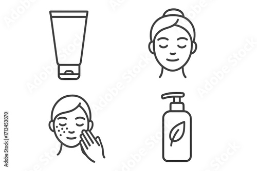 Skincare routine line icon set. Face care, beauty treatment, dermatology concept. Woman applying cosmetic cream for acne. Natural organic lotion, cleanser tube vector signs.