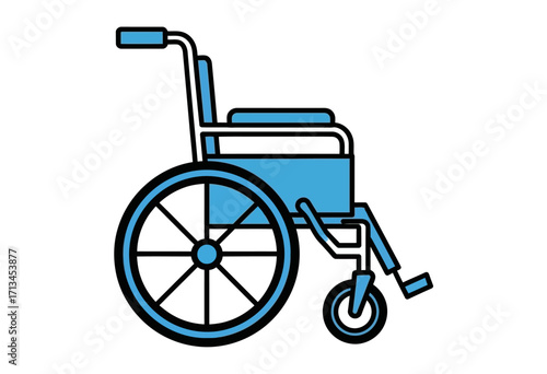 Illustration of a blue wheelchair on a white background.