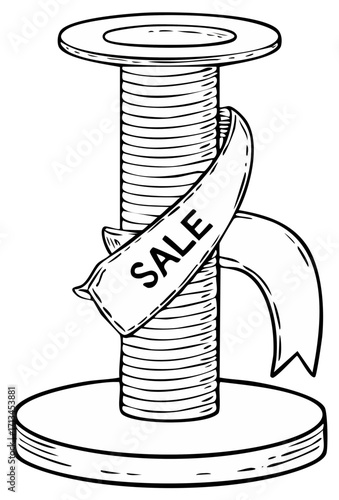 Hand drawn cat scratching post with sale ribbon promoting discounts for pet supplies