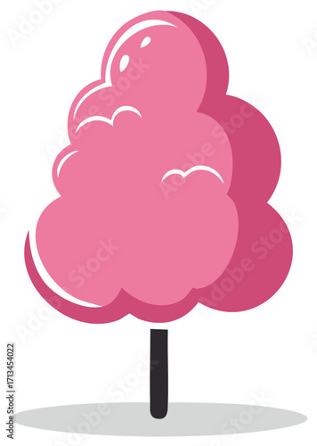 Fluffy pink cotton candy on a stick simple vector illustration. A sweet spun sugar dessert and carnival food snack.