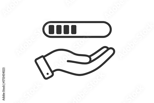 Hand with progress bar. Concept of loading, waiting, download, update. Metaphor of donation, support, help, charity, growth. Minimal linear icon for web, app, UI, UX.