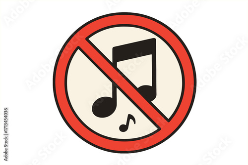 No music sign. Sound off icon. Forbidden audio symbol. Keep silence pictogram. Quiet zone warning concept. Vector illustration for web, apps, and print. Mute button.