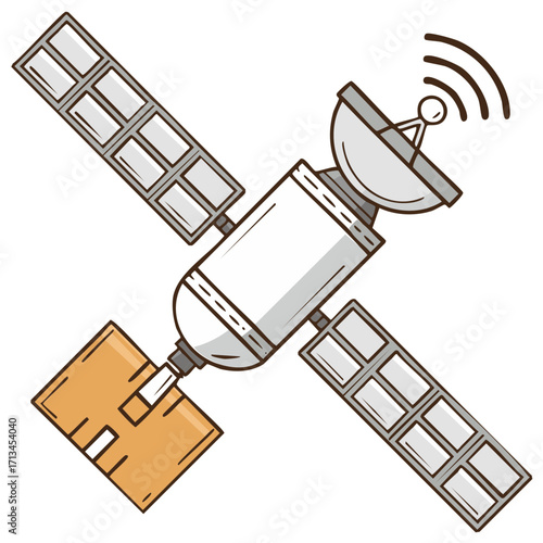 Cartoon illustration of a satellite in space transmitting radio waves