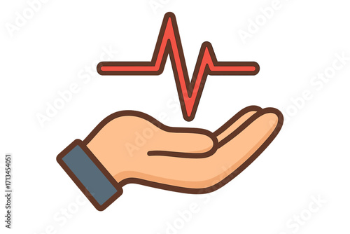 Health care concept with hand holding a pulse line. Medical icon of heartbeat for hospital, cardiology, and insurance. Vector logo for life support, wellness, and vitality.
