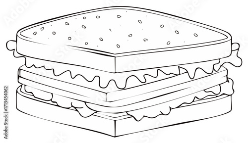 Line art illustration of a delicious stacked sandwich with various fillings, ready to eat