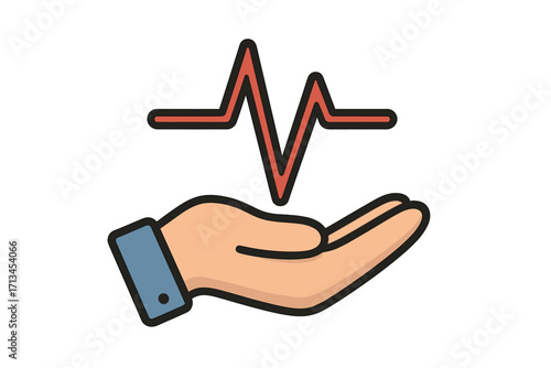 Health care and medical concept. Hand holding red pulse line. Metaphor for cardiology, health insurance, life support, and patient well-being. Vector icon for heartbeat.