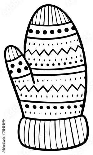 Hand drawn winter mitten with decorative pattern and knitted cuff