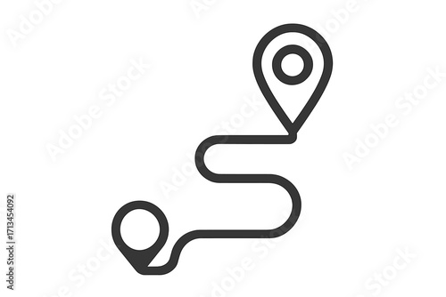 Route and map pin icon. GPS navigation path from start to destination. Journey or trip concept. Location marker for direction and travel. Winding road line vector graphic.
