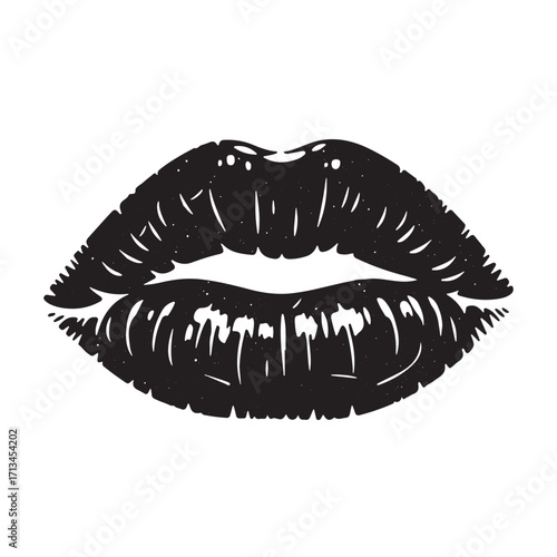 Black and white illustration of a lip print or kiss, with a textured, slightly distressed appearance.