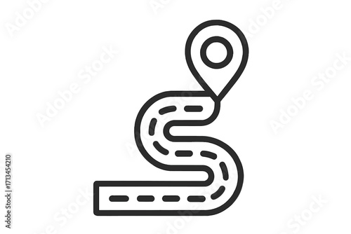 Winding road with destination map pin. Route, journey, path to a location point concept. GPS navigation and travel direction symbol. Vector outline icon for web design, apps.