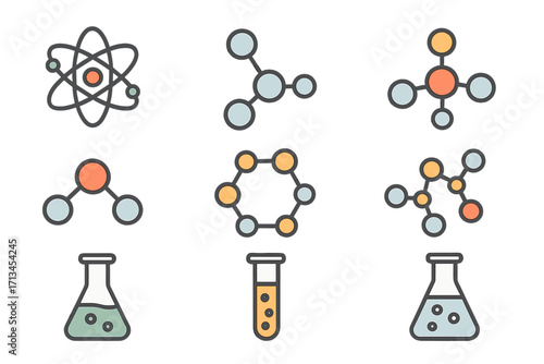 Science and chemistry icon set. Collection of laboratory and research symbols. Atom, molecule structures, chemical flasks and test tubes. Vector outline illustration for web.