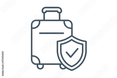 Travel insurance concept. Luggage protection and baggage security symbol. Suitcase with a shield and check mark. Safety on vacation or journey. Vector line icon illustration.