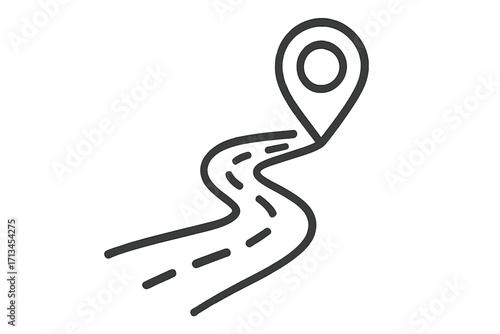 Route to destination with map pin. Road trip and travel journey concept. GPS navigation and location pointer icon. Winding path or way. Vector outline linear symbol design.