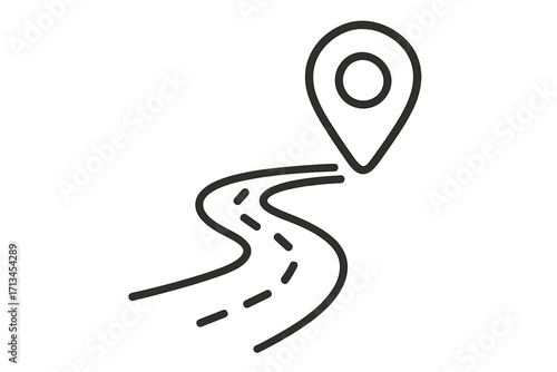 Winding road leading to a map pin location marker. Linear vector icon representing a journey, route, destination, or navigation. GPS pointer showing the way to a goal.
