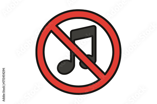 No music allowed sign. Keep quiet symbol. No sound pictogram. Vector icon for quiet zone. Music prohibited. Mute button. Forbidden audio or melody warning concept.