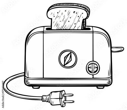Outline drawing of a modern electric kitchen toaster with bread slice popping out breakfast appliance