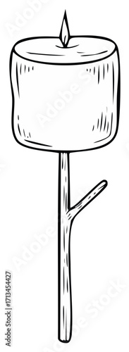 Hand drawn single marshmallow on a stick with a flame illustration