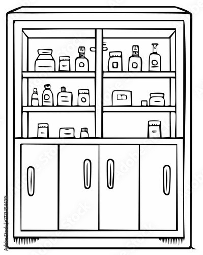 Drawing of a pharmacy cabinet with glass jars and wooden doors