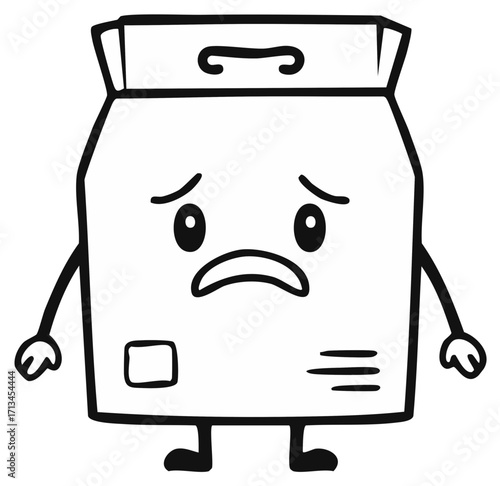Worried anthropomorphic paper package with sad expression cartoon character doodle