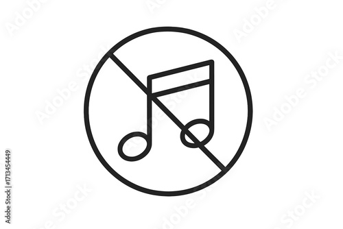 No music sign. Sound off icon. Mute button symbol for web and apps. Keep silence concept. Quiet zone pictogram. No loud sounds allowed. Audio muted vector illustration.