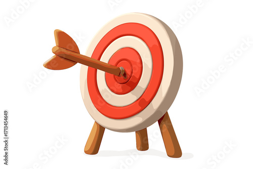 Arrow hitting target center bullseye. Business goal achievement. Marketing strategy success. Objective and focus concept. 3D vector illustration. Archery sport dartboard icon.