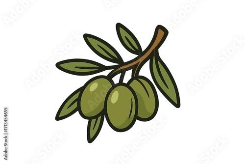 Olive branch vector icon. Green olives on a twig cartoon illustration. Symbol of peace, health, Greece. Natural organic food for healthy diet and olive oil production.
